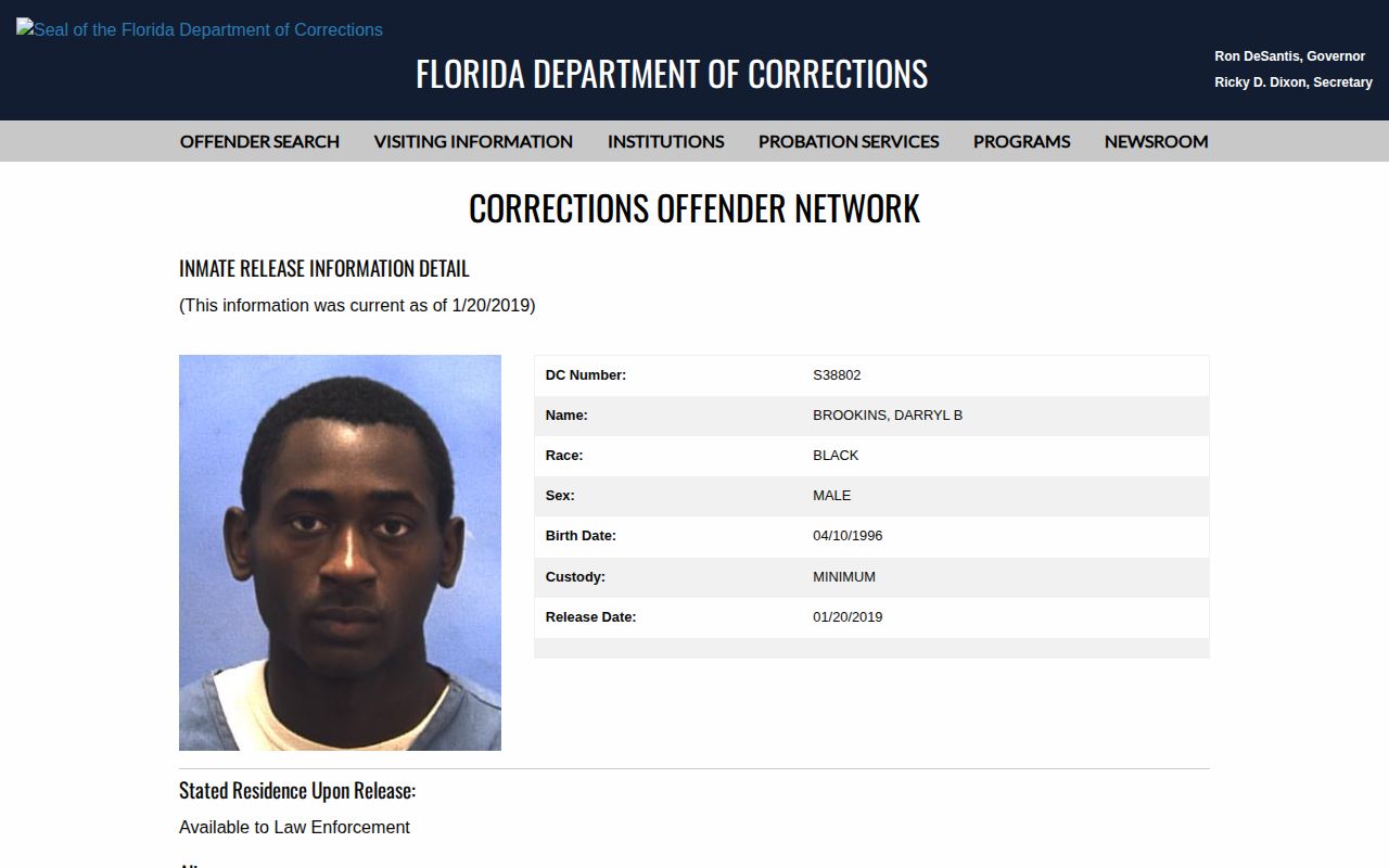 Florida DOC released offender result for a Nassau County release record search