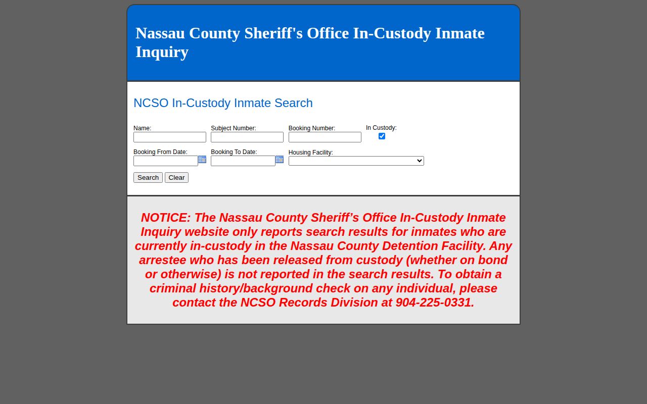 Nassau County Jail current custody inquiry before a release record request