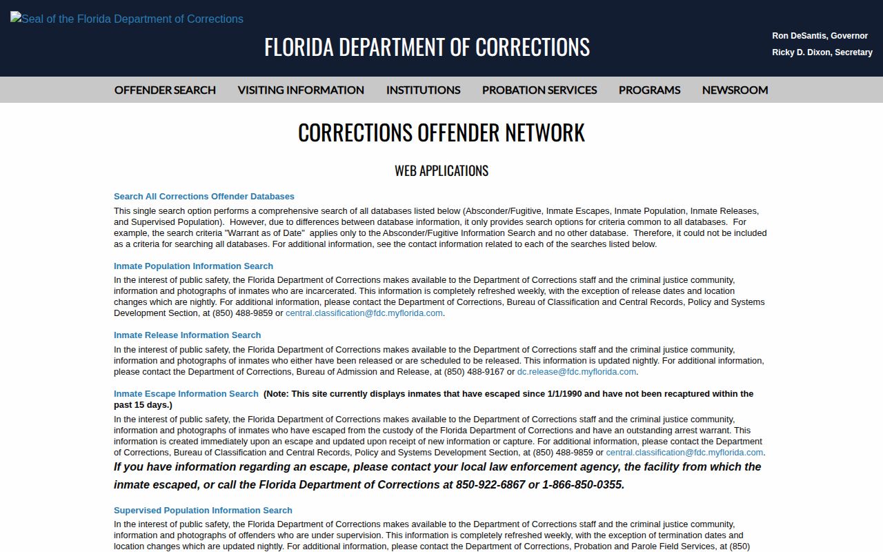 Nassau County post-release supervision options in the Florida DOC search menu