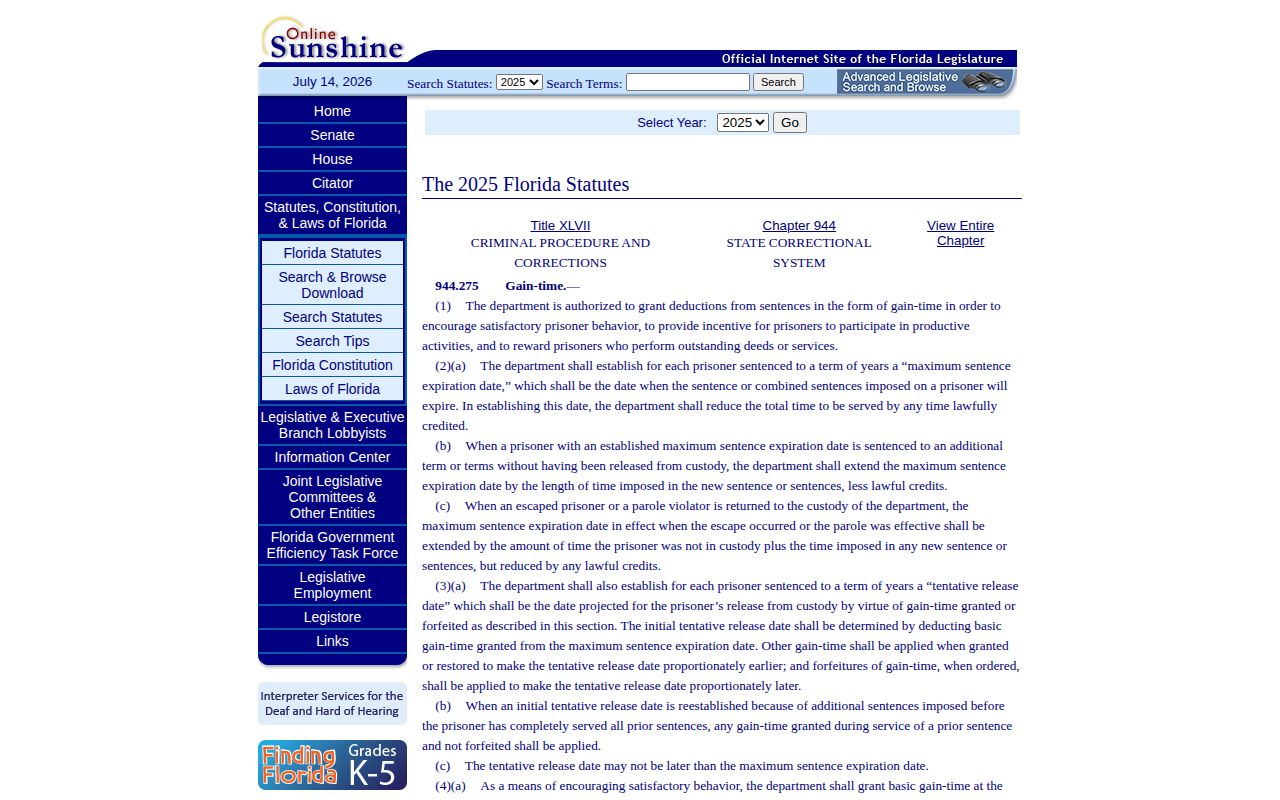 Florida gain-time statute for Nassau County state release date lookup