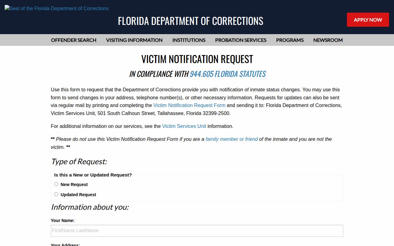Florida DOC victim registration for Nassau County state inmate release events